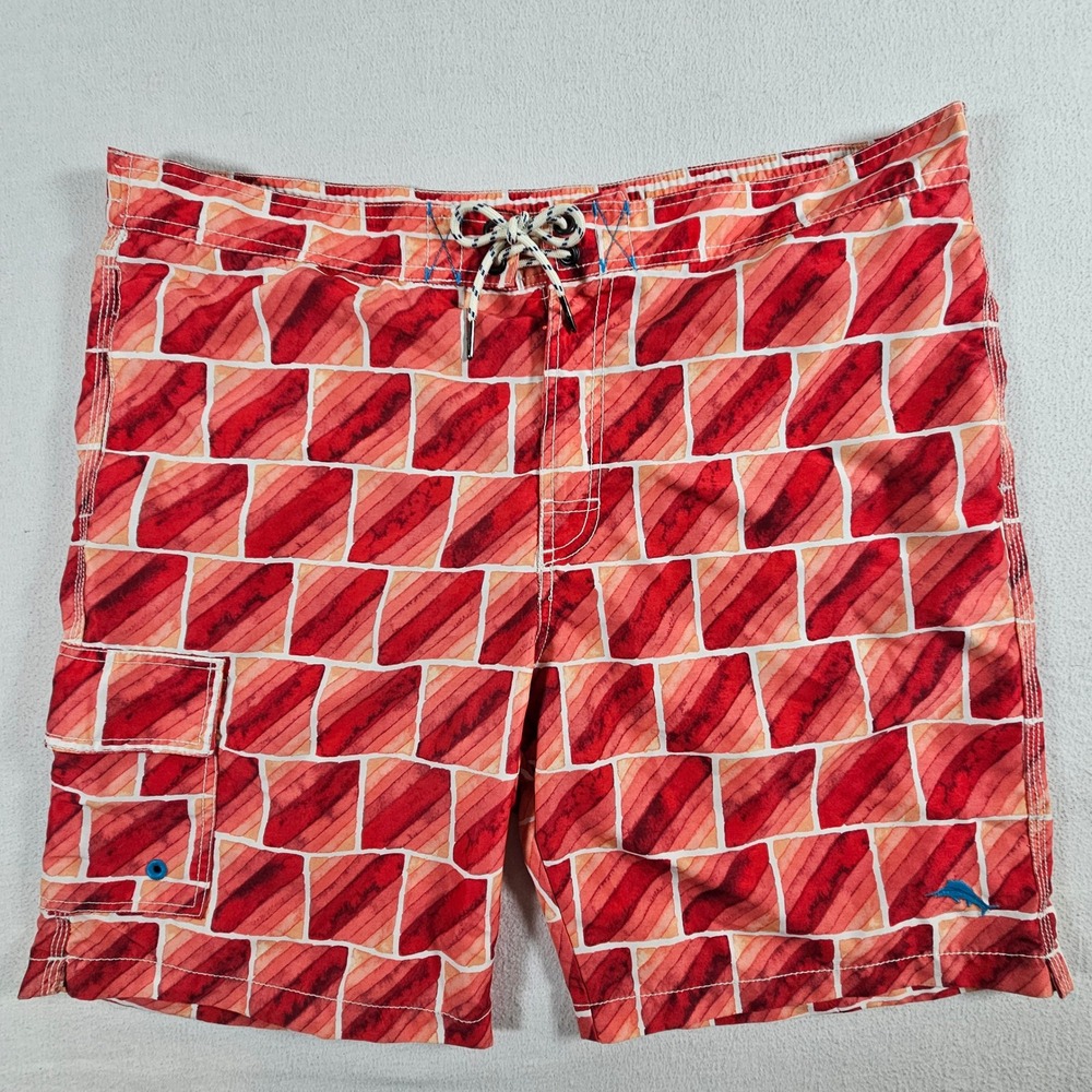 Tommy Bahama Relax Board Shorts Mens Large Red Orange Geometric Tile Print Swim